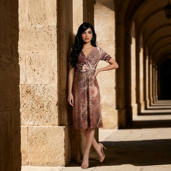 Dressbarn brand dress featuring a mixed floral & animal print in earthy brown 8 - Picture 2 of 13